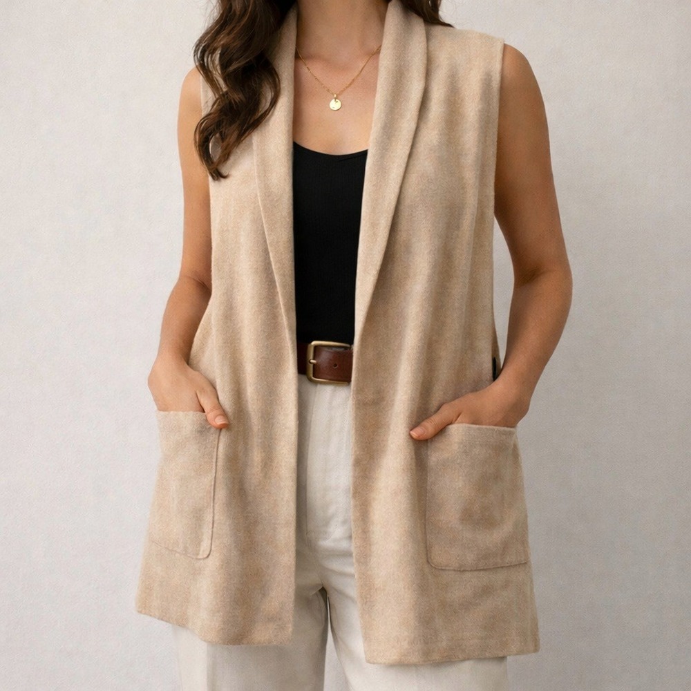 Joie Beige Open Front Longline Sweater Vest M Shawl Collar‎ Elevated Basic Layer